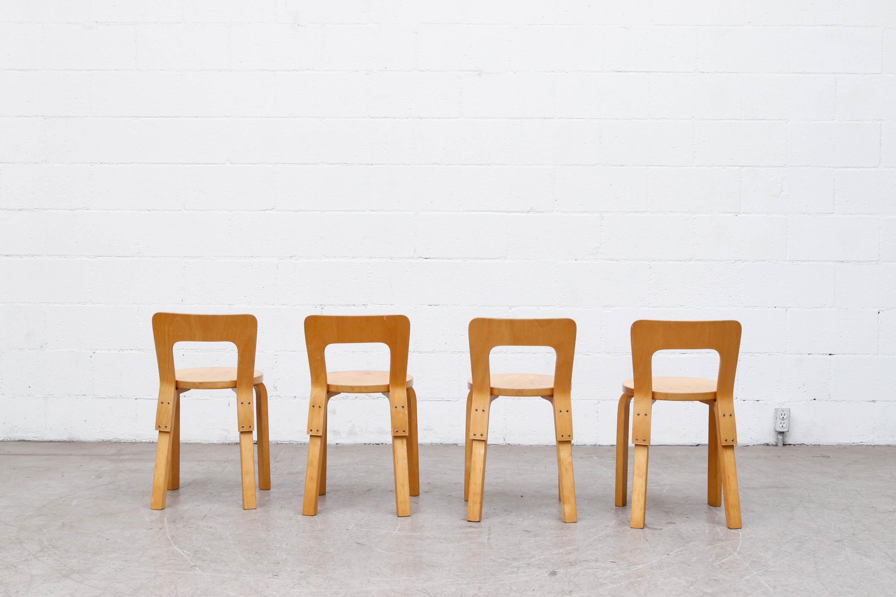 Late 20th Century Set of 4 Alvar Aalto Model 65 Low Back Blonde Dining Chairs for Artek