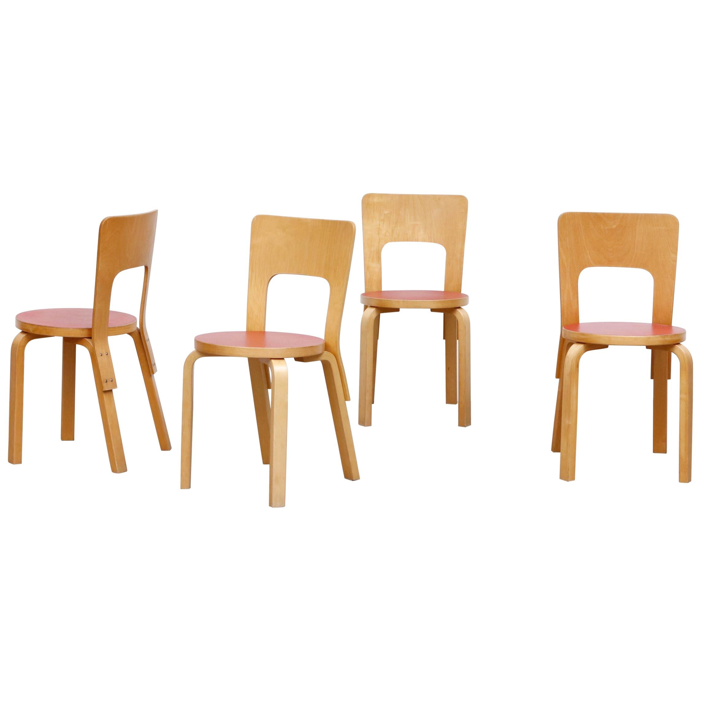 Set of 4 Alvar Aalto "Model 66" Red Seat Dining Chairs for Artek
