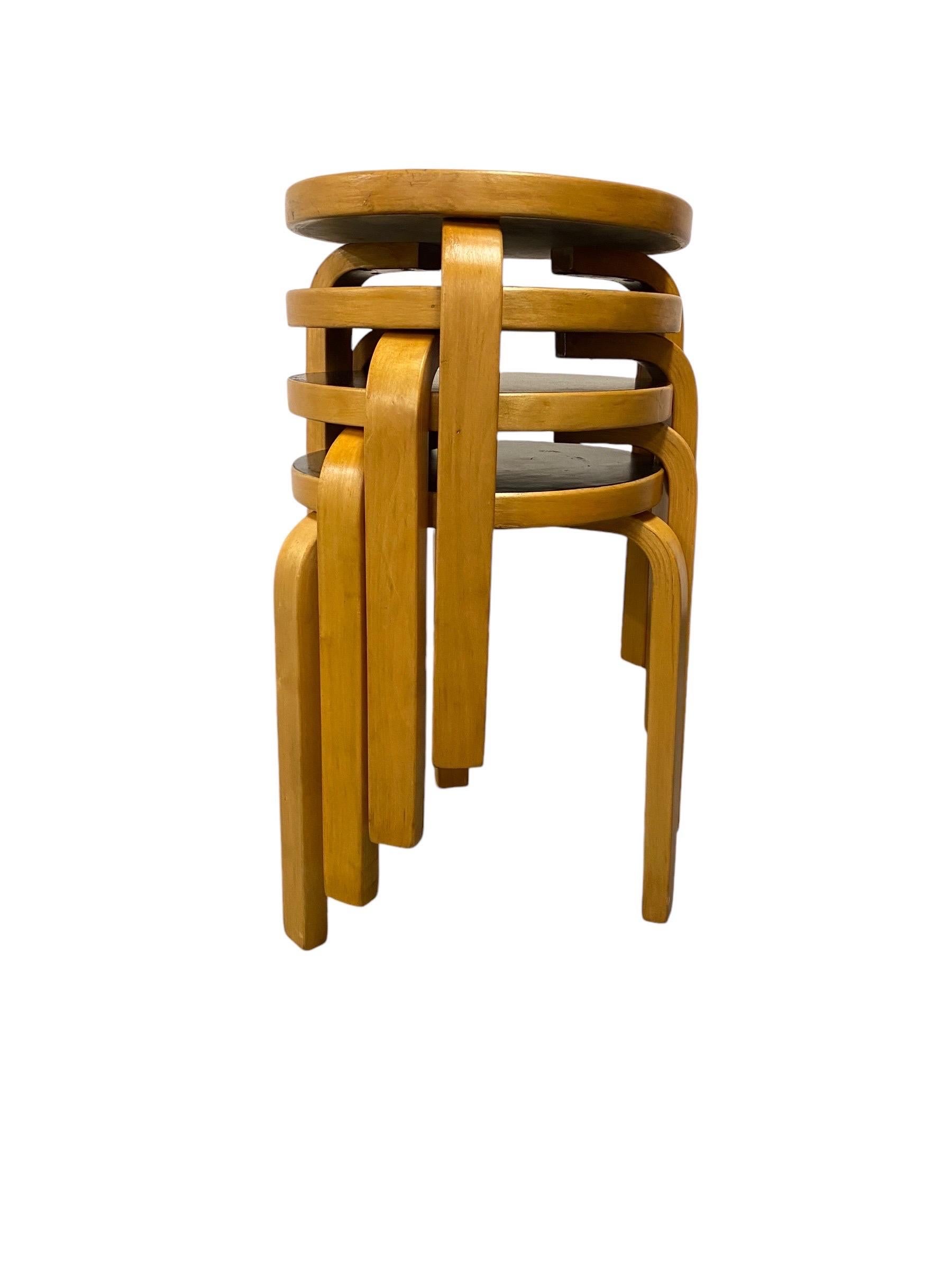 Finnish Set of 4 Alvar Aalto Stools Model no 60, Black Laminate, Artek 1950s For Sale