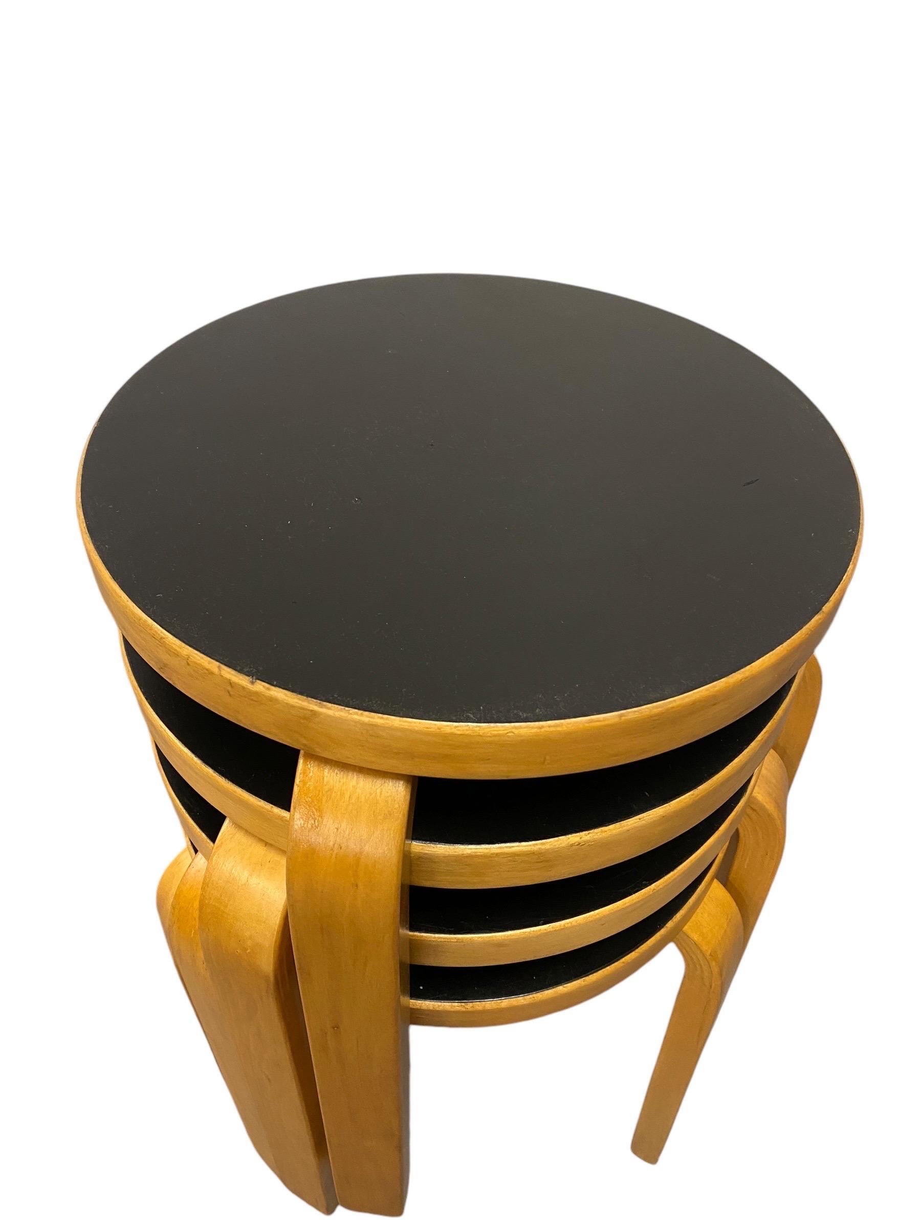 Set of 4 Alvar Aalto Stools Model no 60, Black Laminate, Artek 1950s In Good Condition For Sale In Helsinki, FI