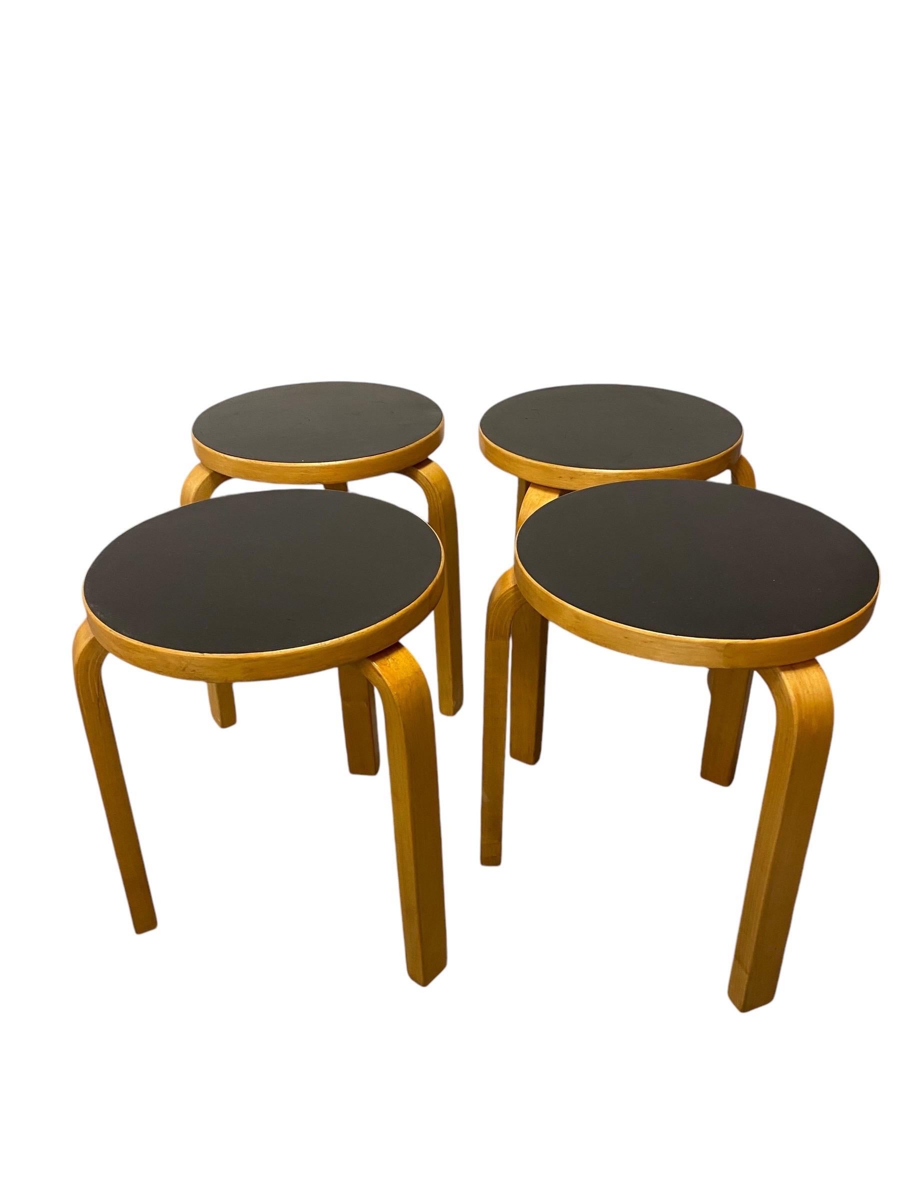 Mid-20th Century Set of 4 Alvar Aalto Stools Model no 60, Black Laminate, Artek 1950s For Sale
