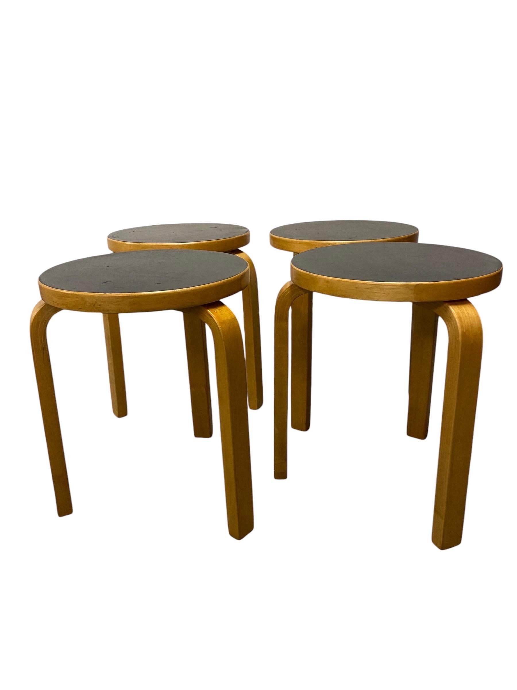 Birch Set of 4 Alvar Aalto Stools Model no 60, Black Laminate, Artek 1950s For Sale