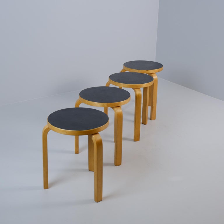 Set of 4 Alvar Aalto Stools Model no 60, Black Laminate, Artek