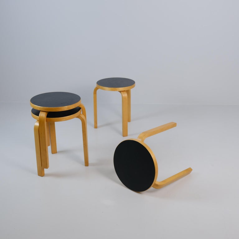 Set of 4 Alvar Aalto Stools Model no 60, Black Laminate, Artek
