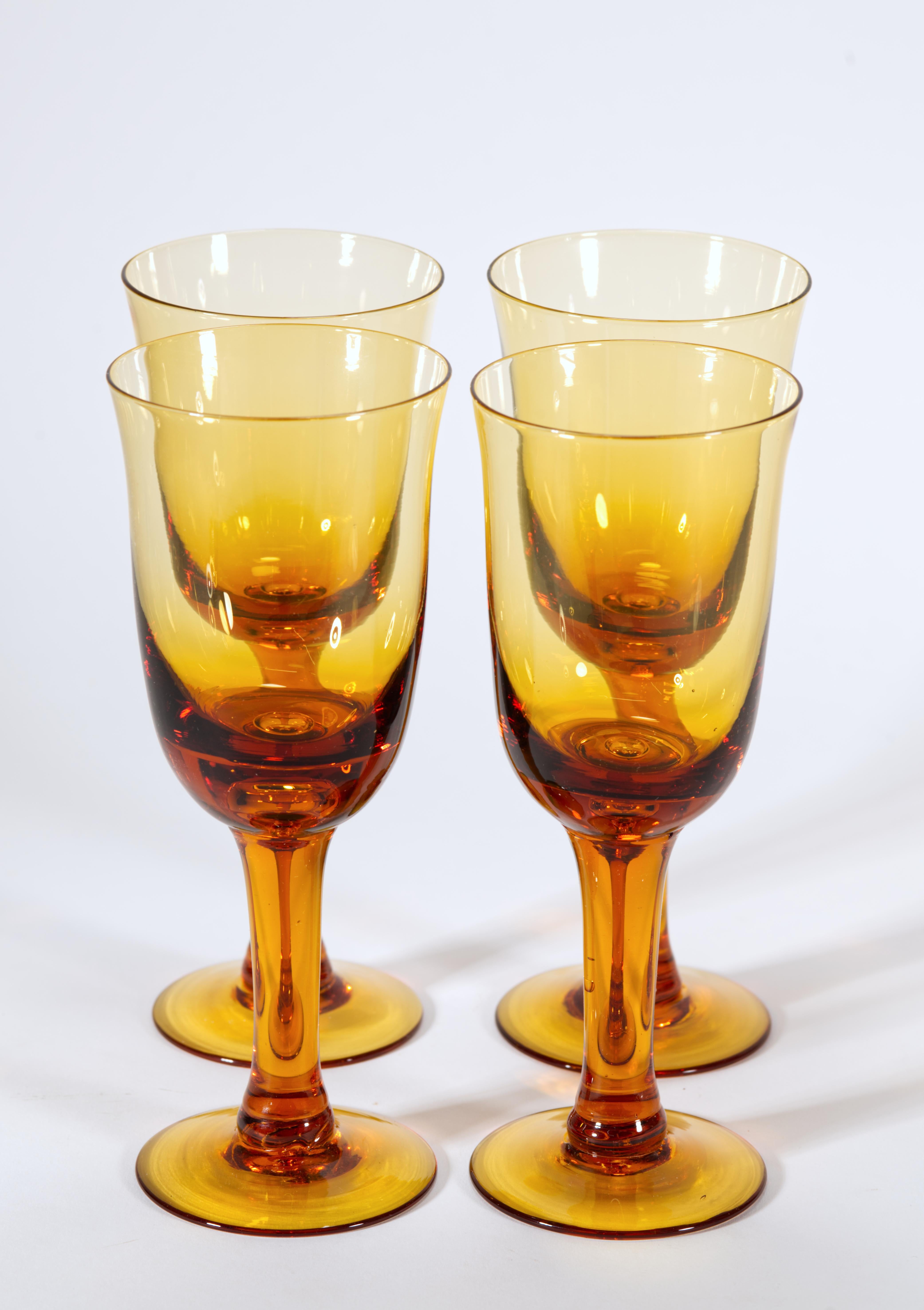 Organic Modern Set of 4 Amber Hand Blown Glasses Goblets with Controlled Bubbles For Sale