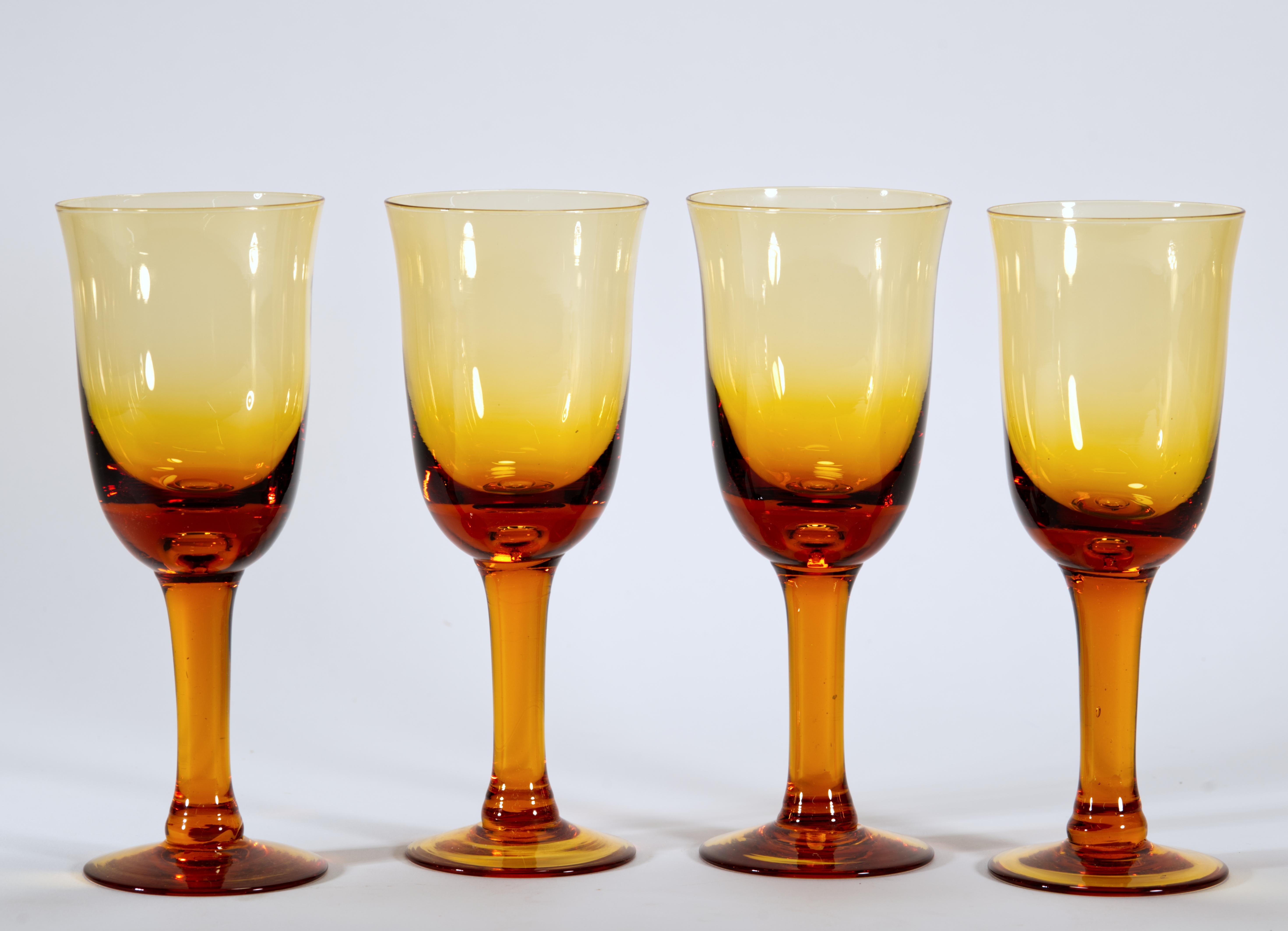 American Set of 4 Amber Hand Blown Glasses Goblets with Controlled Bubbles For Sale