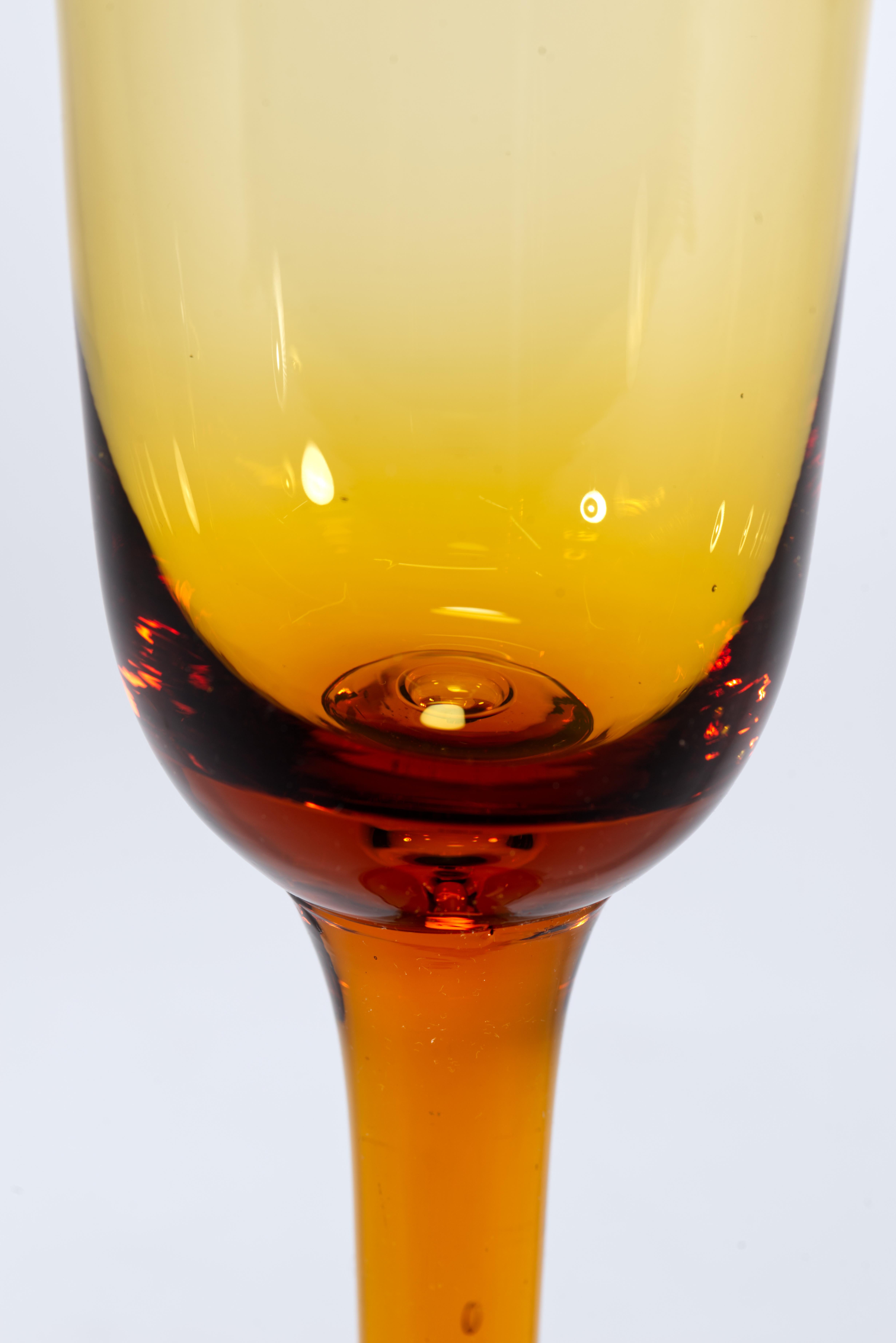 Hand-Crafted Set of 4 Amber Hand Blown Glasses Goblets with Controlled Bubbles For Sale