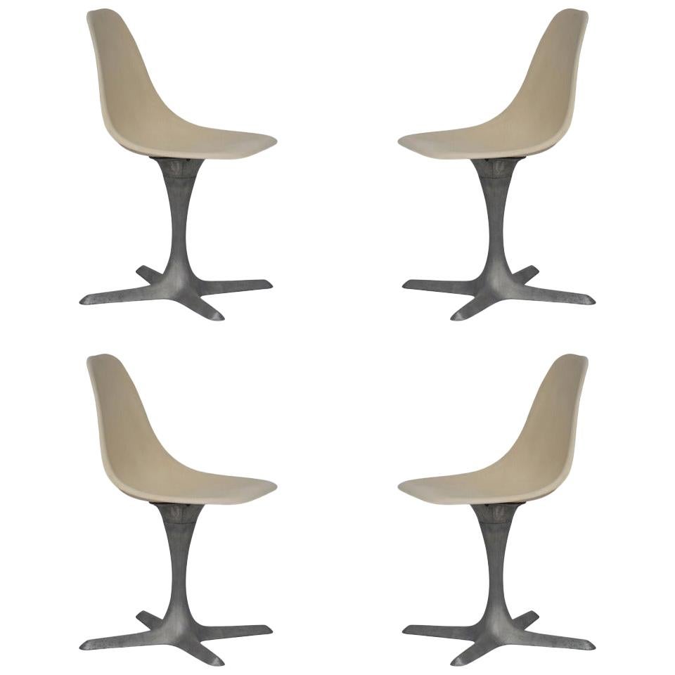 Set of 4 American 1970s Brushed Aluminum and Eggshell Chairs