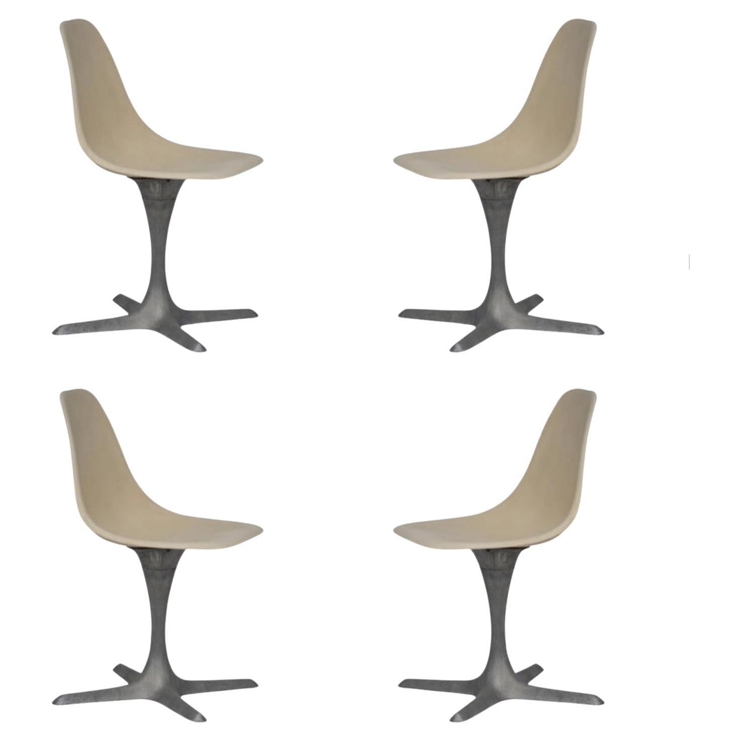 Set of 4 American 70's Brushed Aluminum and Eggshell Chairs For Sale