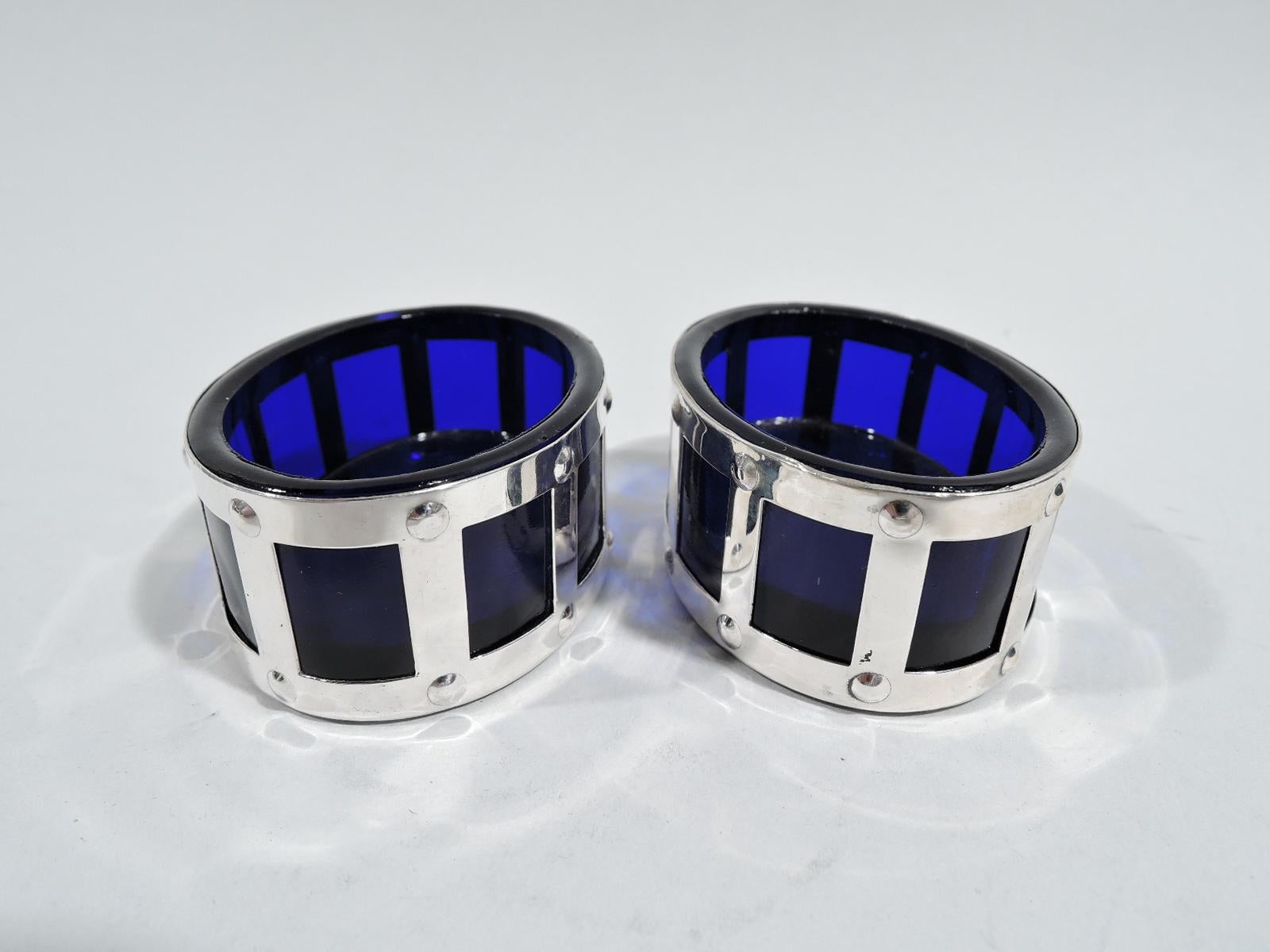 Set of 4 American Art Deco Sterling Silver & Cobalt Glass Open Salts In Excellent Condition In New York, NY