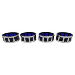 Set of 4 American Art Deco Sterling Silver & Cobalt Glass Open Salts