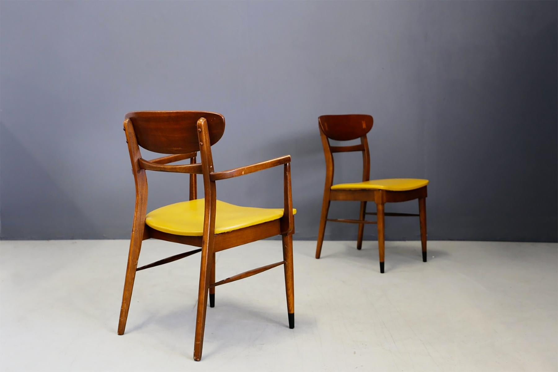 North American Set of 4 American Chairs in Wood and Leather, 1950s