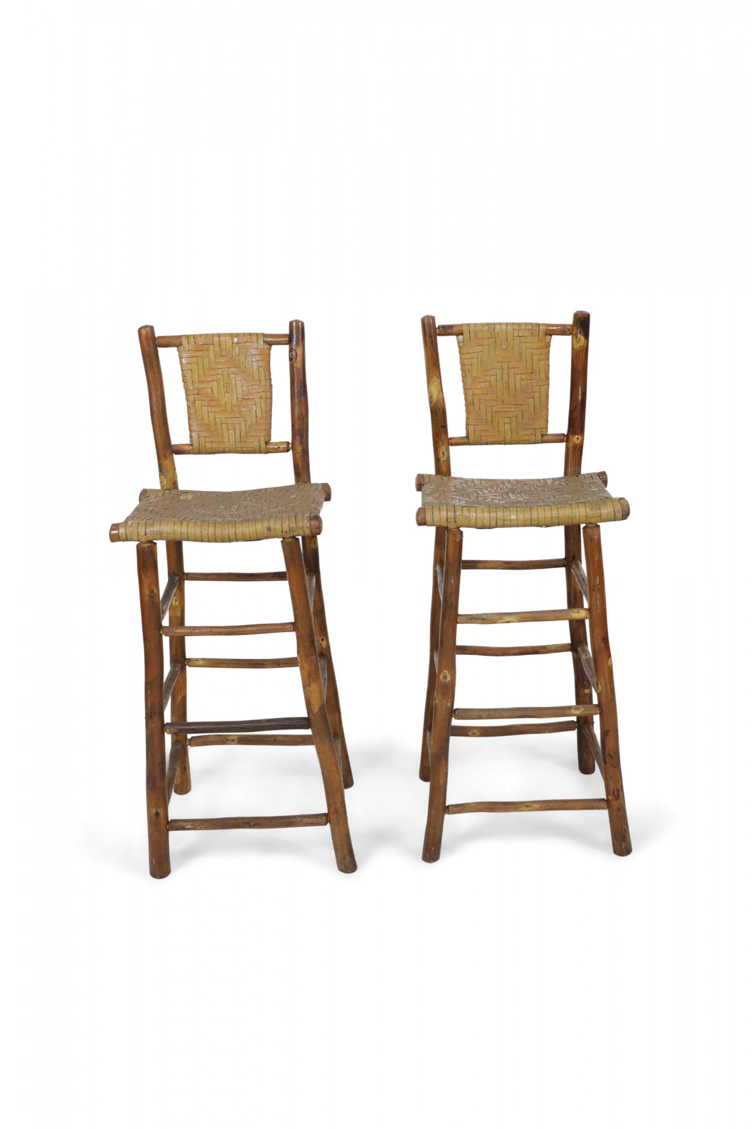 20th Century Set of 4 American Rustic Old Hickory and Willow Bar Stools For Sale