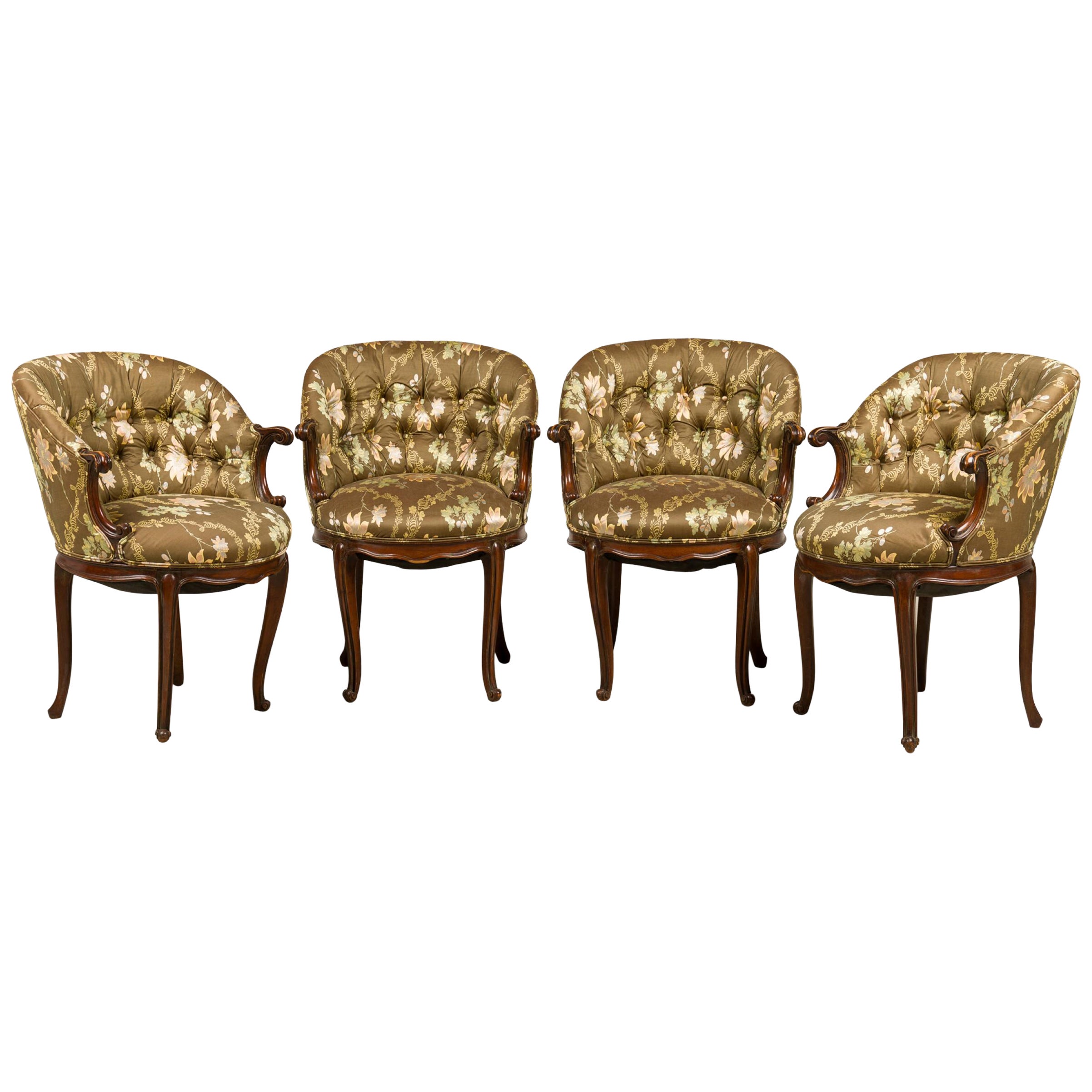 Set of 4 American Victorian Tufted Green Floral Pattern ArmChairs For Sale
