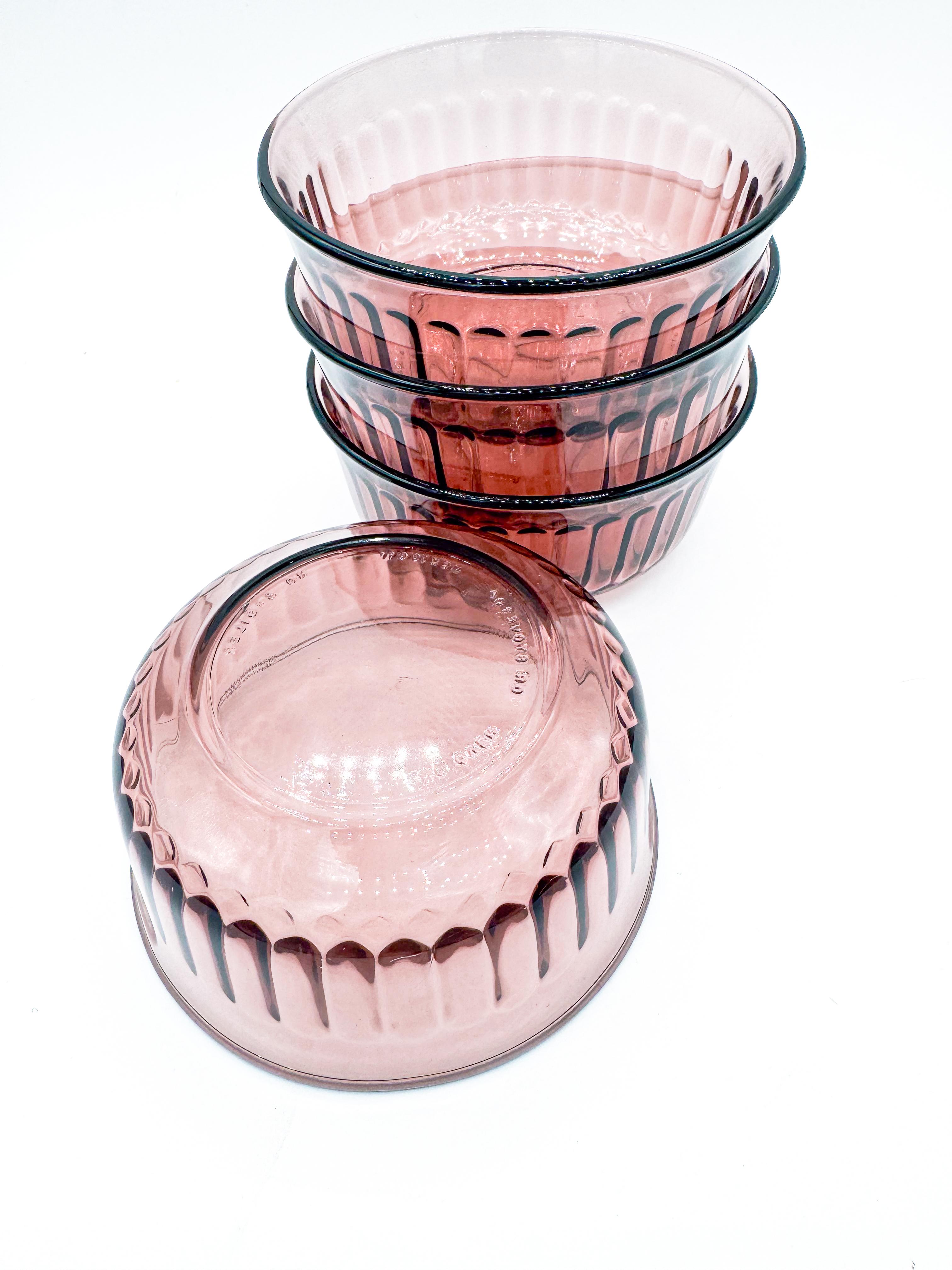 Mid-Century Modern Set of 4 Amethyst Purple Clear Glass Ribbed Bowls, Made in Mexico For Sale