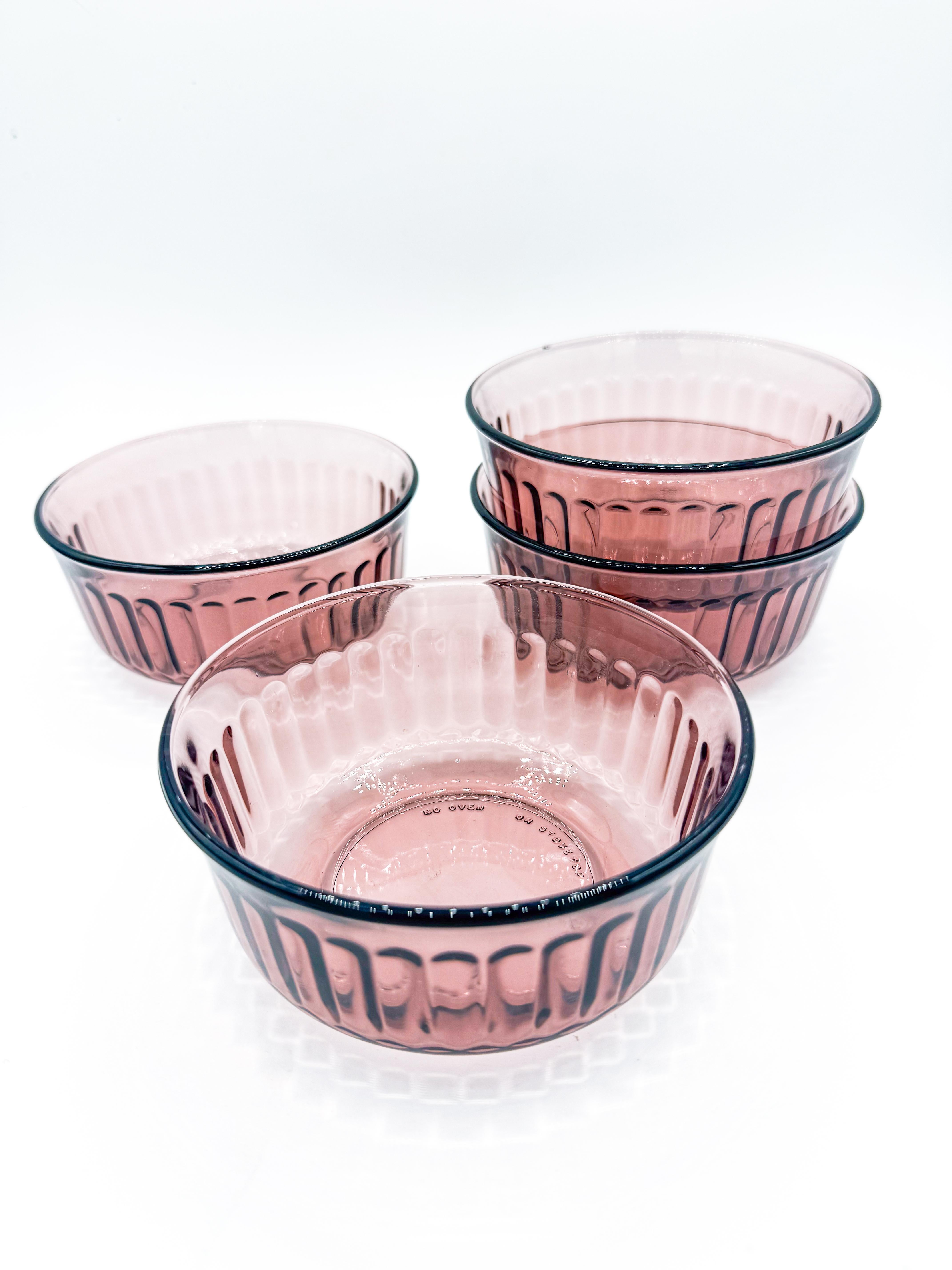 20th Century Set of 4 Amethyst Purple Clear Glass Ribbed Bowls, Made in Mexico For Sale