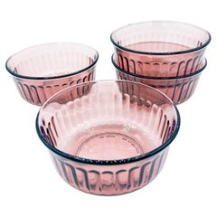 Set of 4 Amethyst Purple Clear Glass Ribbed Bowls, Made in Mexico