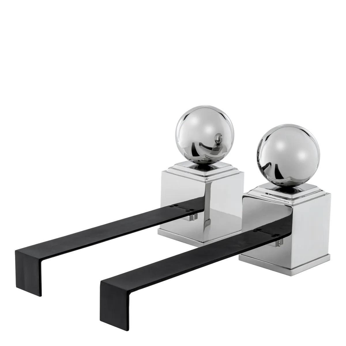 Modern Set of 4 Andirons, Nickel Finish, Black Finish. For Sale