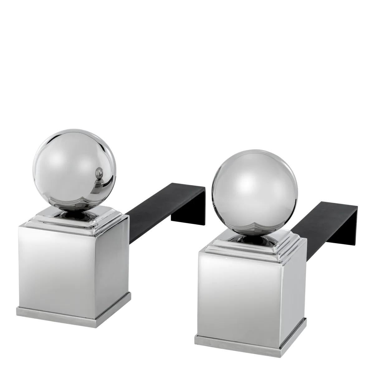 French Set of 4 Andirons, Nickel Finish, Black Finish. For Sale
