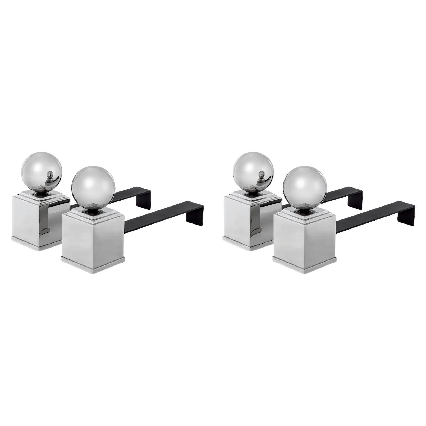 Set of 4 Andirons, Nickel Finish, Black Finish. For Sale