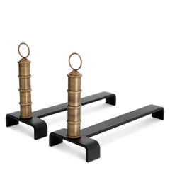 Set of 4 Andirons, Patinated Brass, Black Finish.