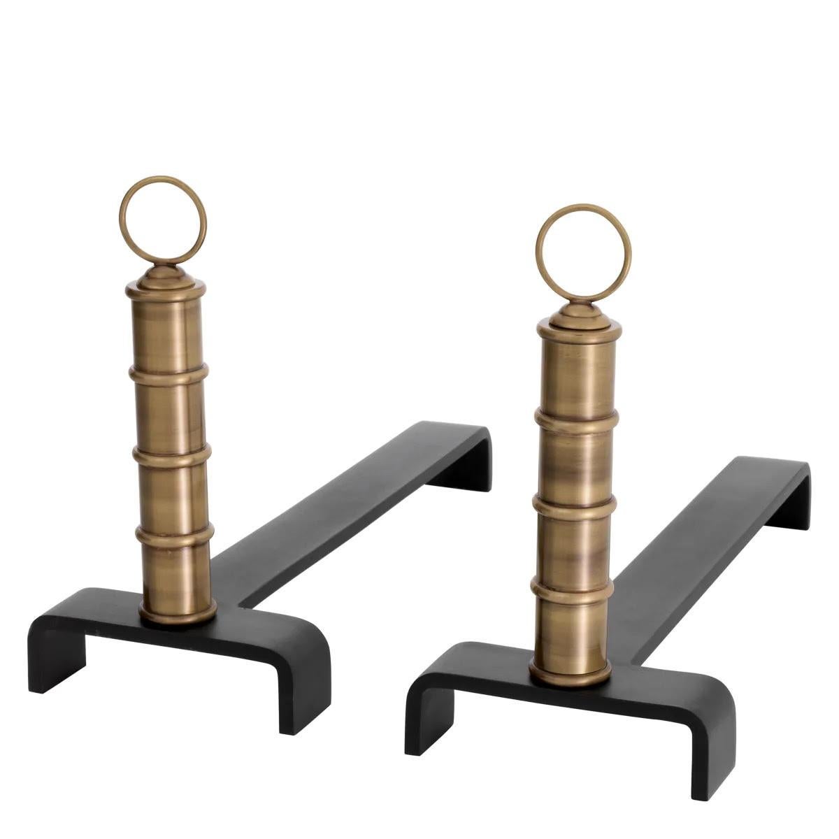 Modern Set of 4 Andirons, Patinated Brass, Black Finish. For Sale