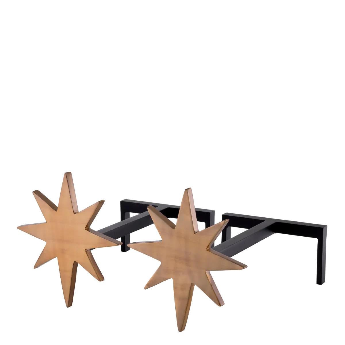 Modern Set of 4 Andirons, Patinated Brass, Black Finish For Sale