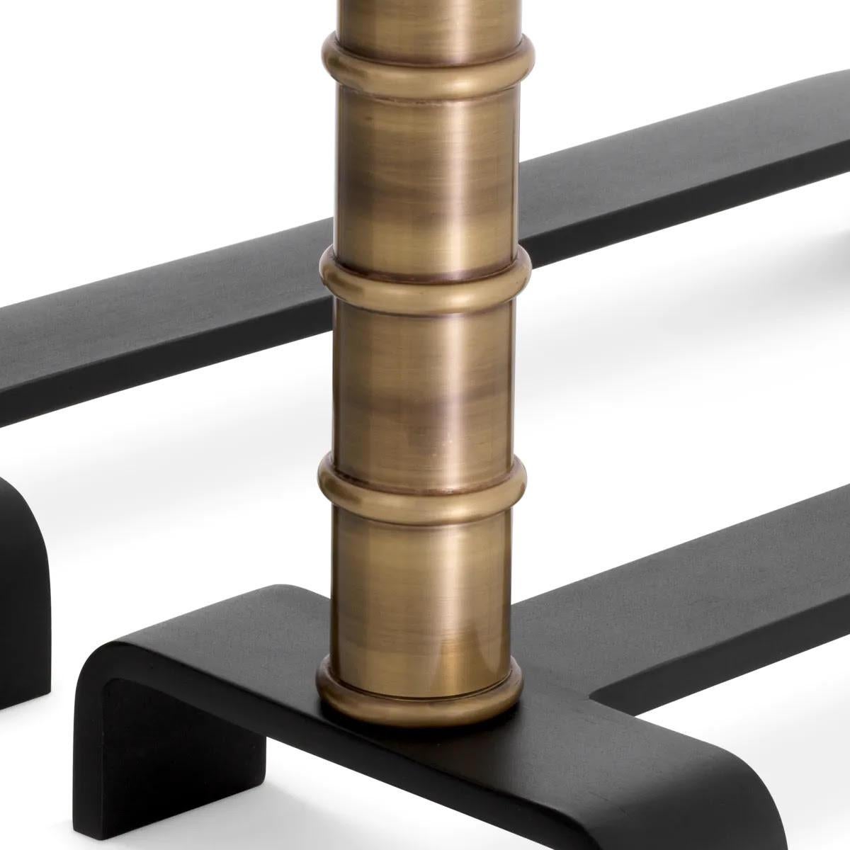 French Set of 4 Andirons, Patinated Brass, Black Finish. For Sale