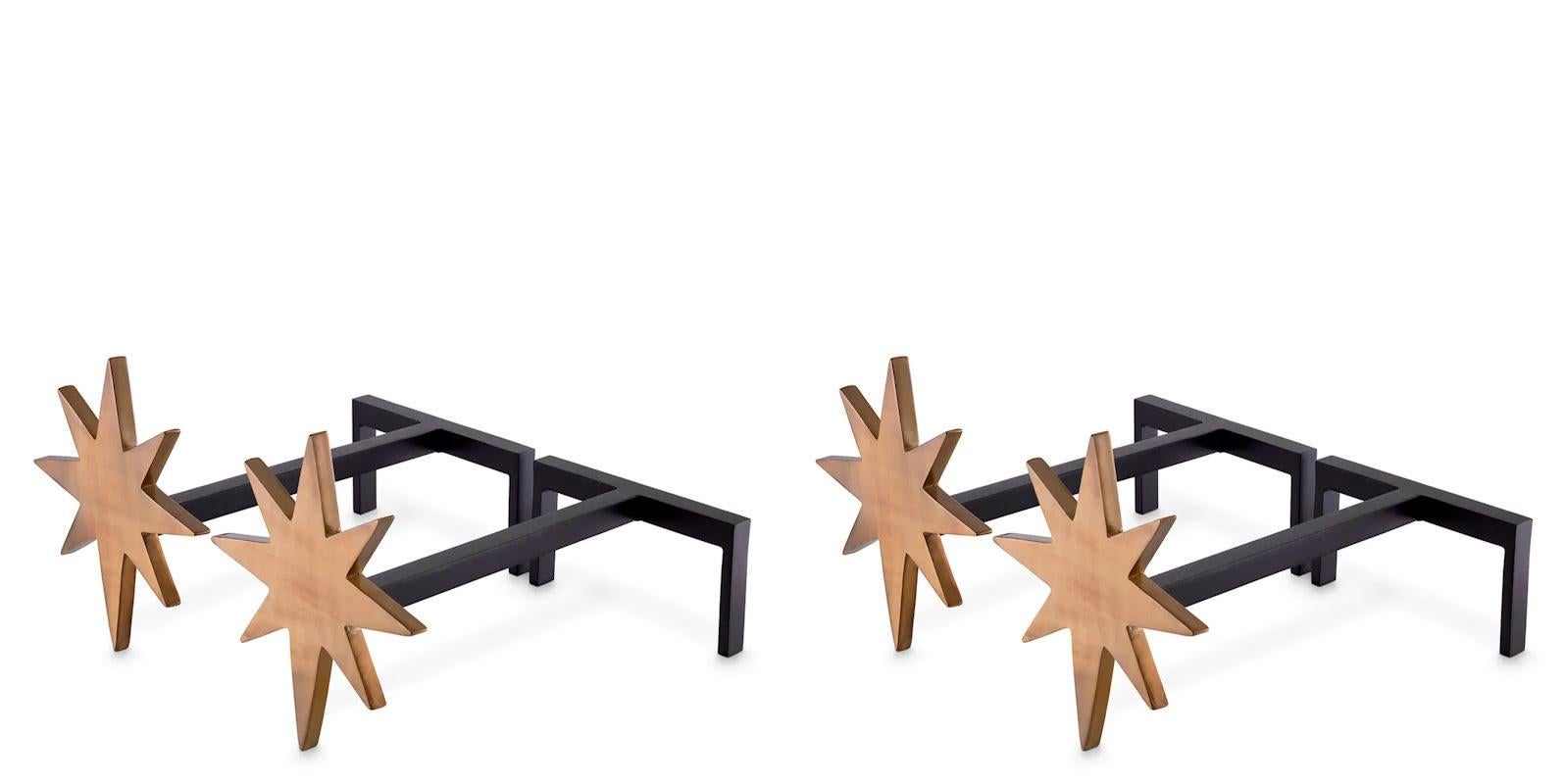 French Set of 4 Andirons, Patinated Brass, Black Finish For Sale