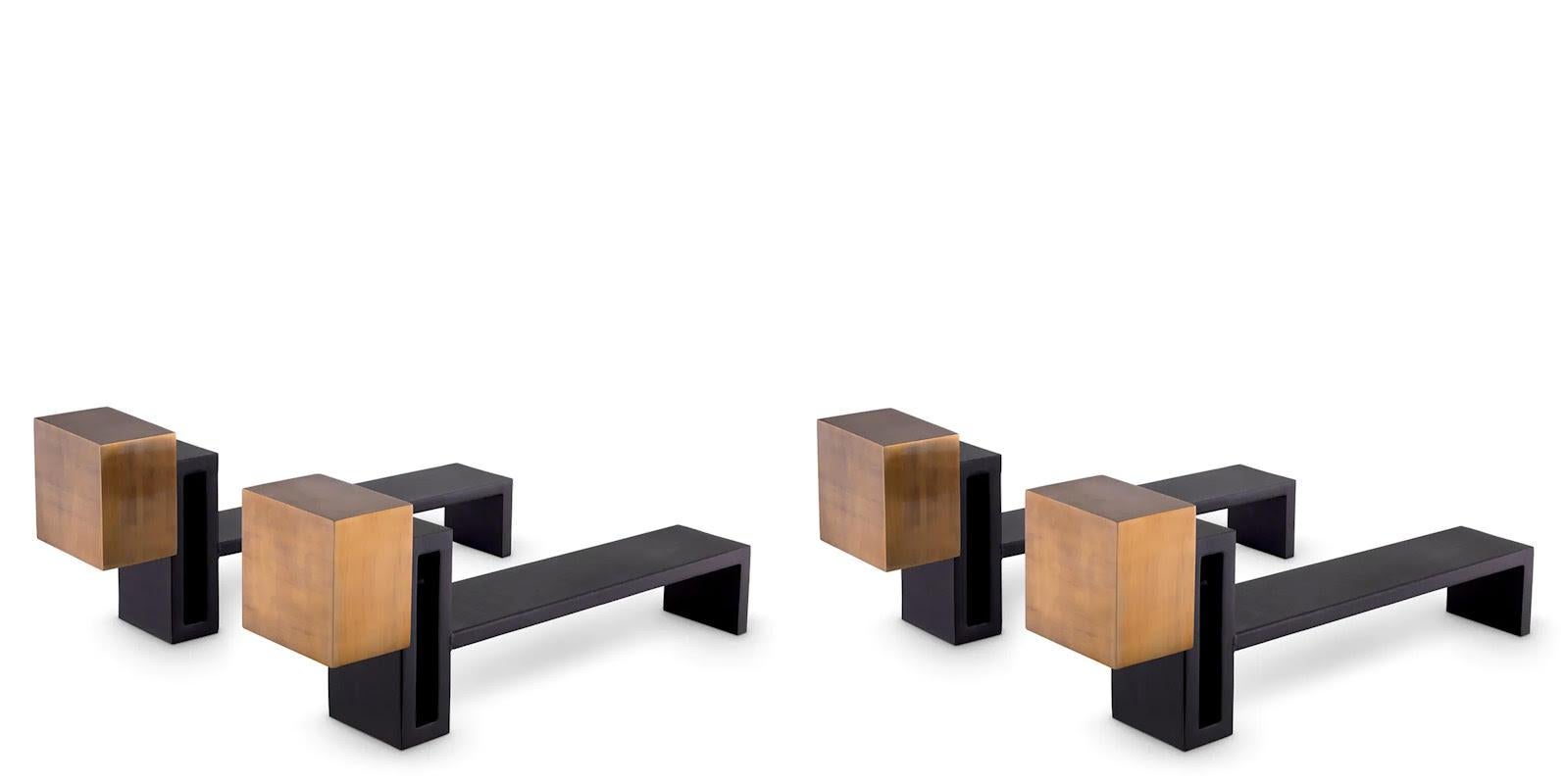 French Set of 4 Andirons, Patinated Brass, Black Finish. For Sale