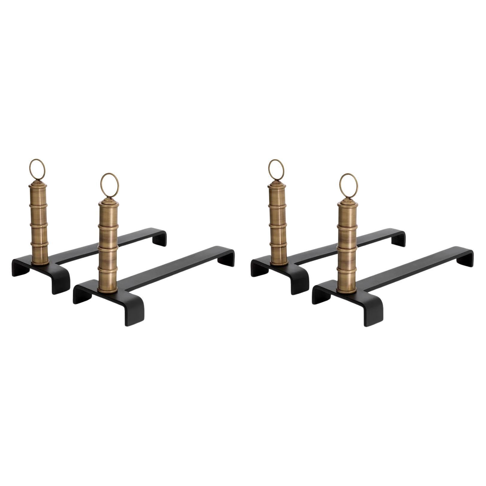 Set of 4 Andirons, Patinated Brass, Black Finish.
