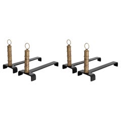 Set of 4 Andirons, Patinated Brass, Black Finish.