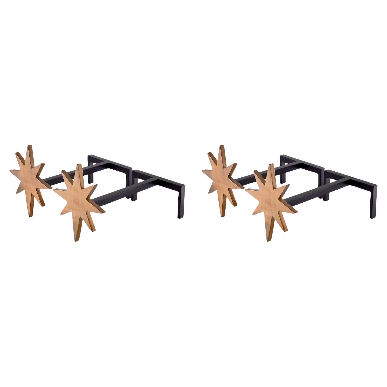 Set of 4 Andirons, Patinated Brass, Black Finish For Sale