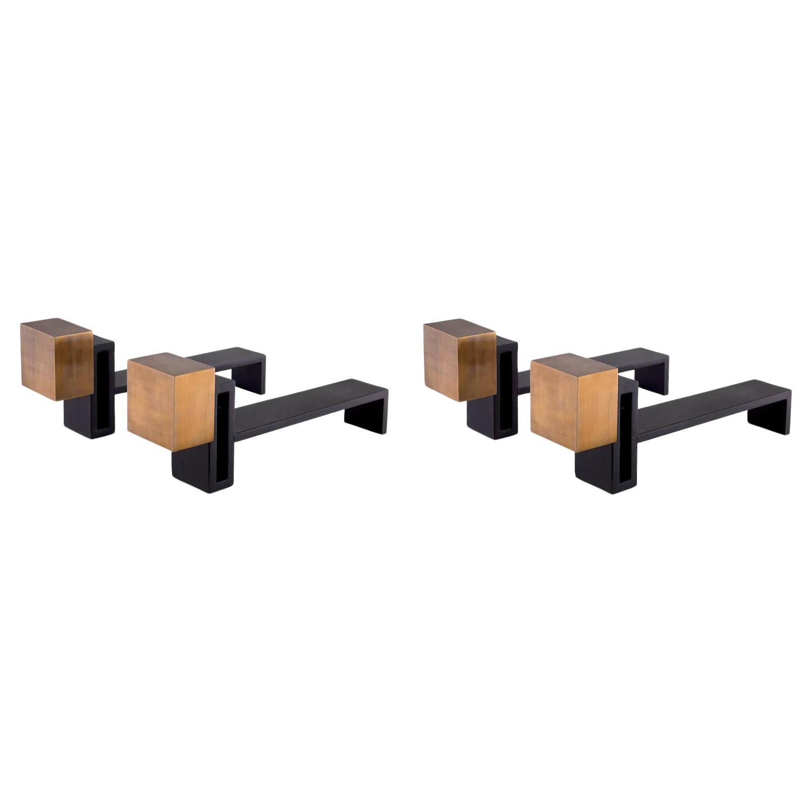 Set of 4 Andirons, Patinated Brass, Black Finish.