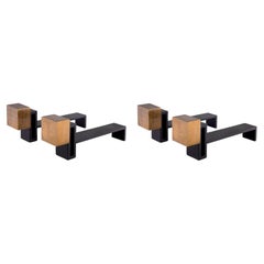 Set of 4 Andirons, Patinated Brass, Black Finish.