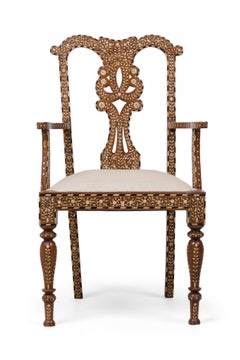 Set of 4 Anglo-Indian Carved Hardwood and Inlaid Armchairs