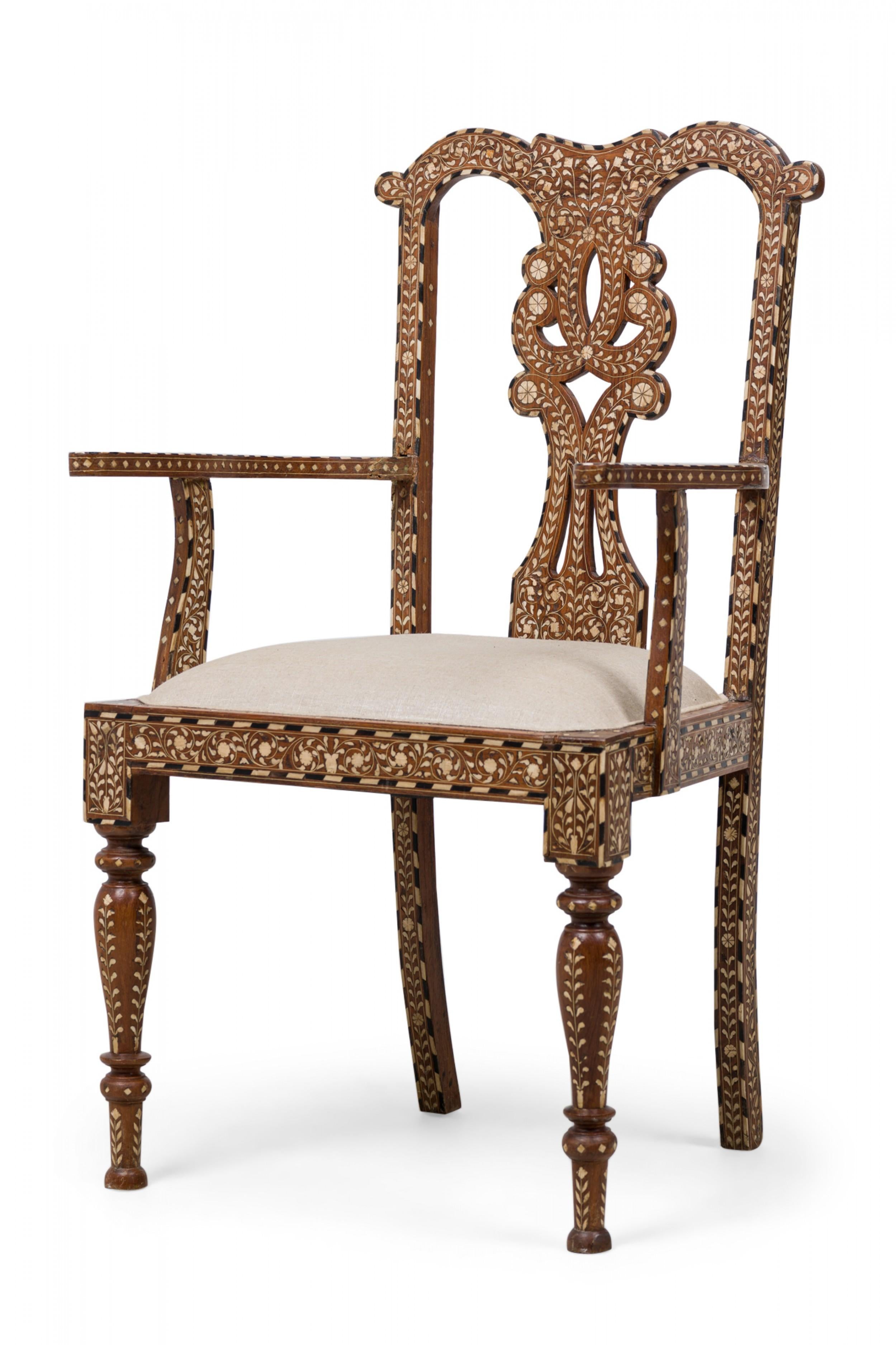 Set of 4 Anglo-Indian Carved Hardwood and Inlaid Armchairs In Good Condition For Sale In New York, NY