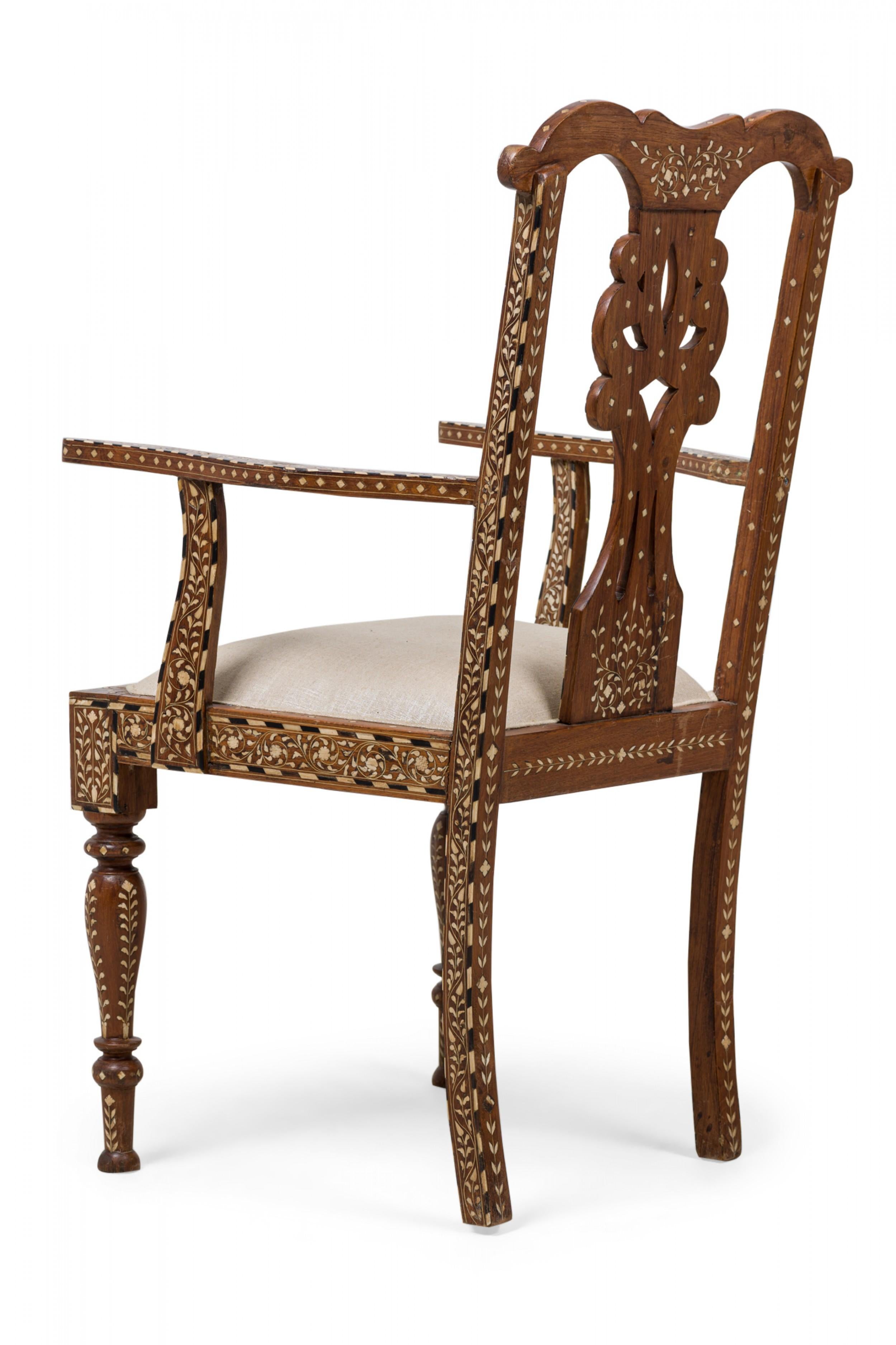 Wood Set of 4 Anglo-Indian Carved Hardwood and Inlaid Armchairs For Sale