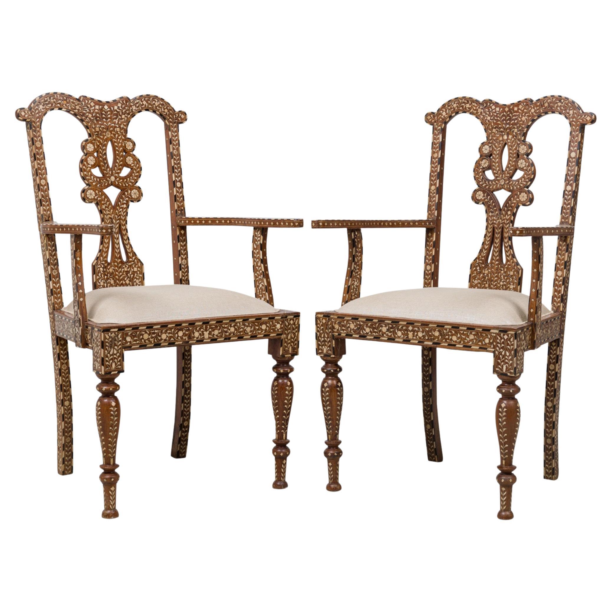 Set of 4 Anglo-Indian Carved Hardwood and Inlaid Armchairs