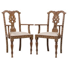 Set of 4 Anglo-Indian Carved Hardwood and Inlaid Armchairs