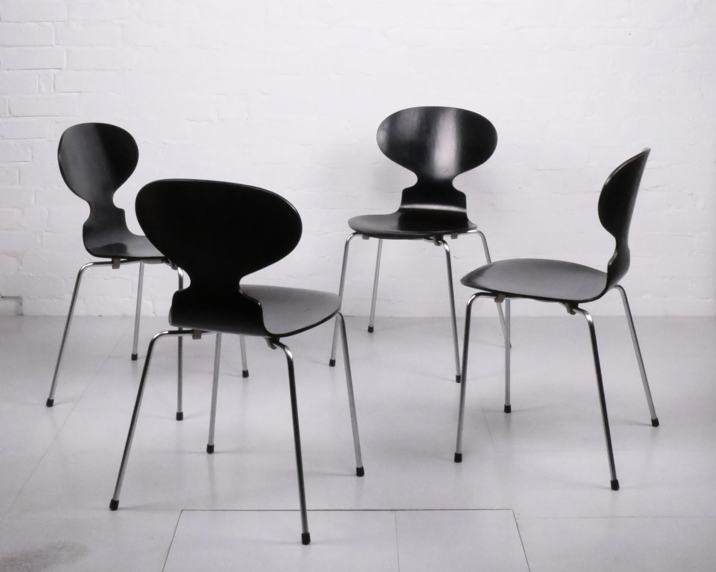 Arne Jacobsen (Designer), Denmark
Fritz Hansen (manufacturer), Denmark

Model 3101 ‘Ant’ Chair set of 4, designed 1952, manufactured 1971 (set 1) and 1978 (set 2)
Please note: we have two sets of 4 available. The listing price is for one set of 4.