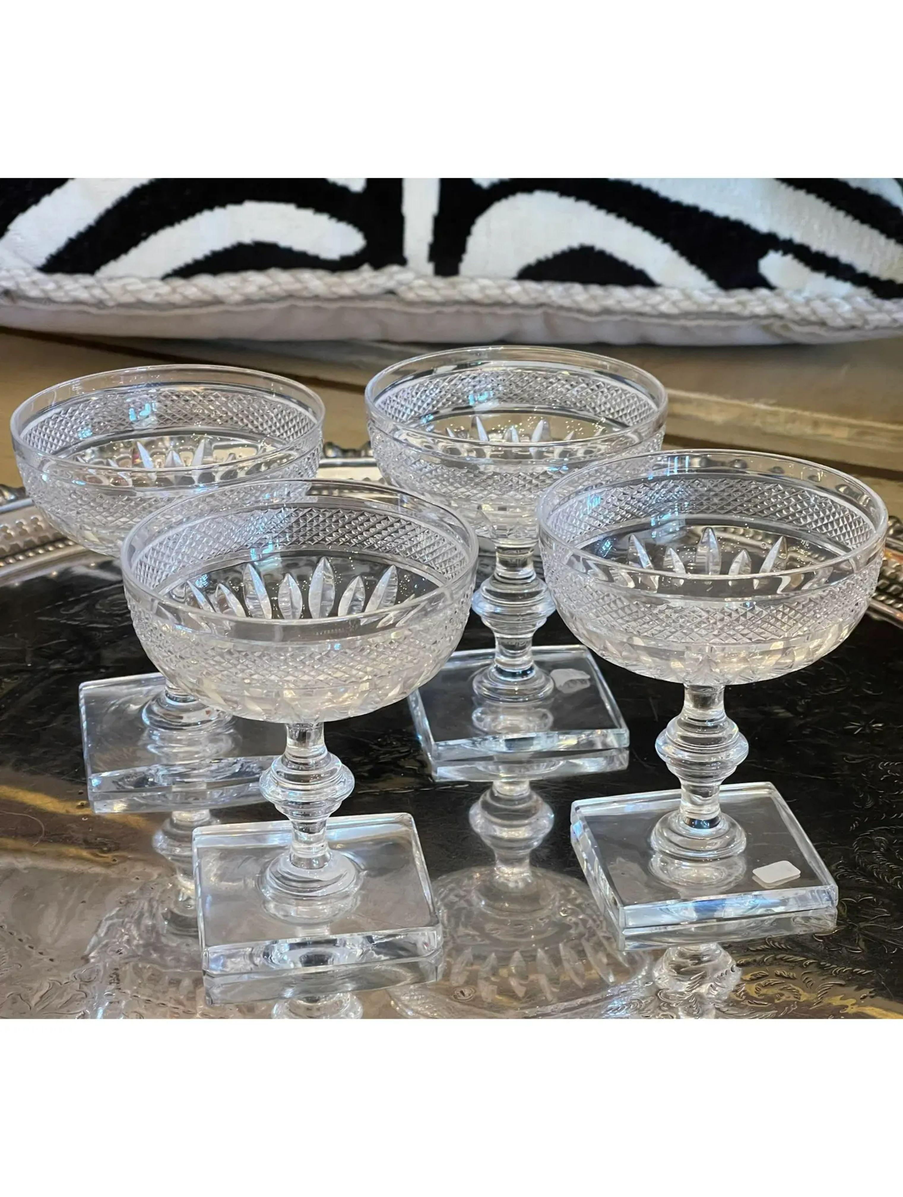 Crystal Set of 4 Antique Art Deco Hawkes Square Base Champagne Wine Stem Coupes 
