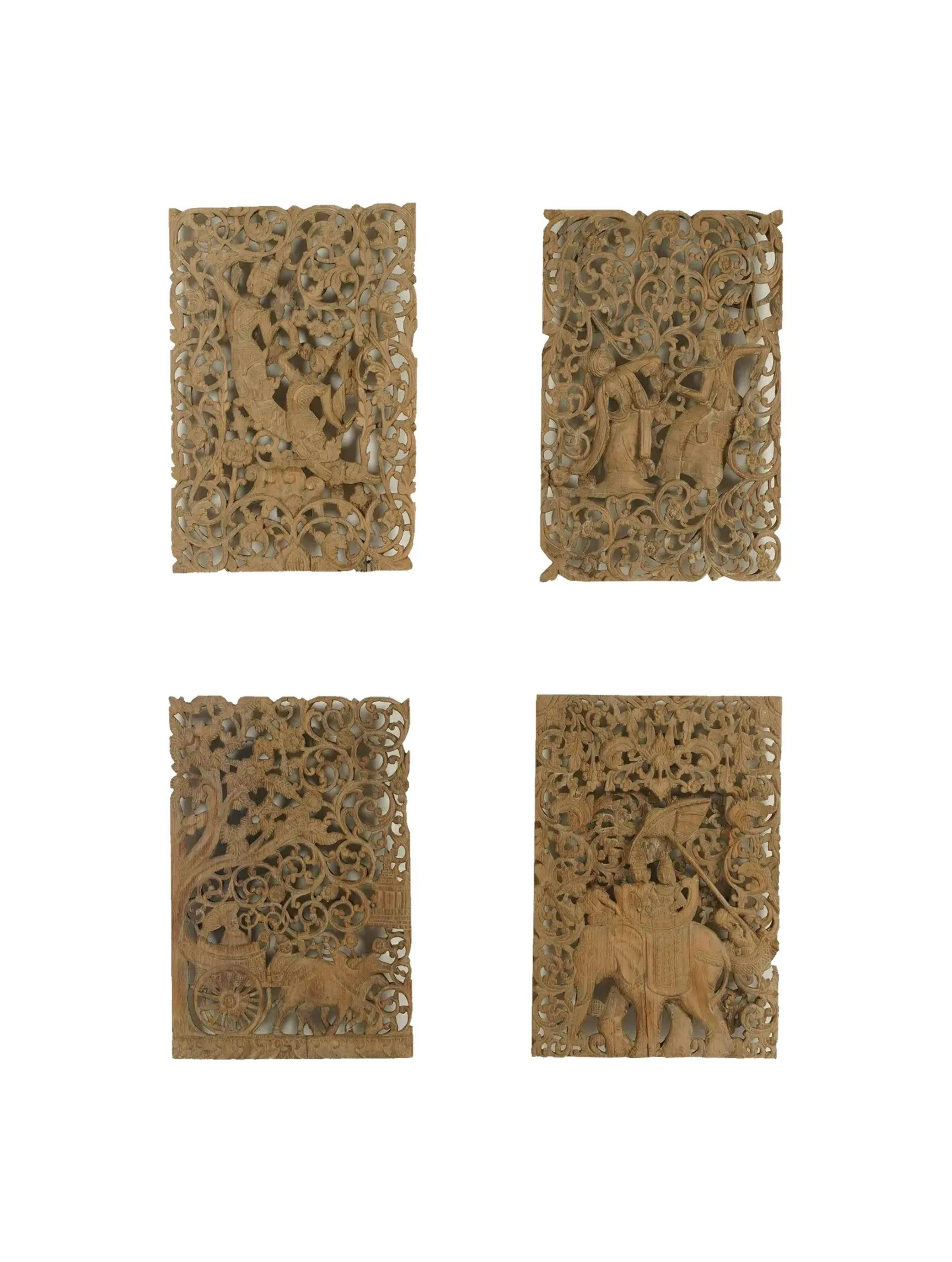 Set of 4 Antique Asian Temple Carvings, 19th Century