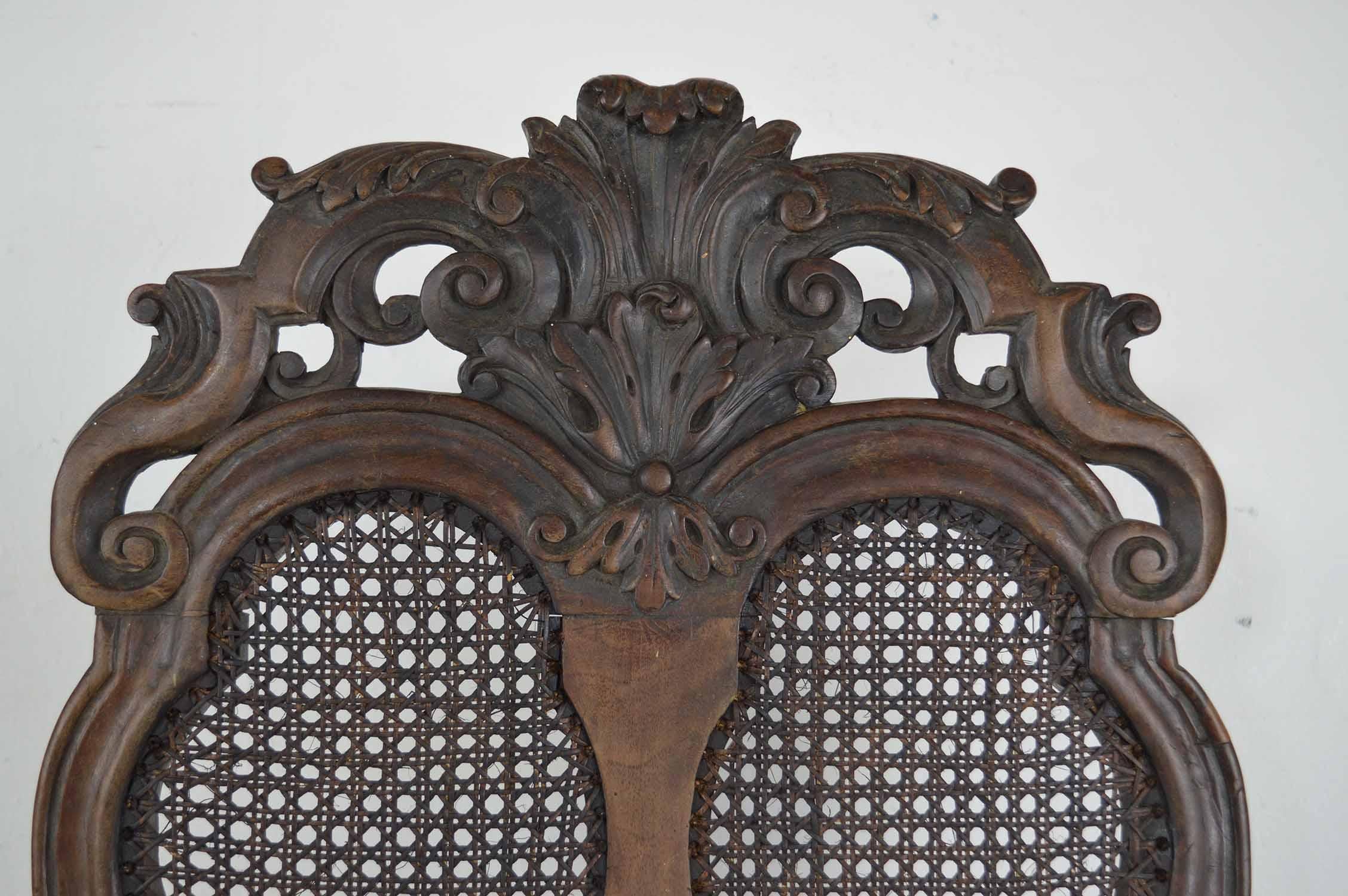  4 Antique Baroque Style Dutch Carved Walnut and Bergère Chairs For Sale 2