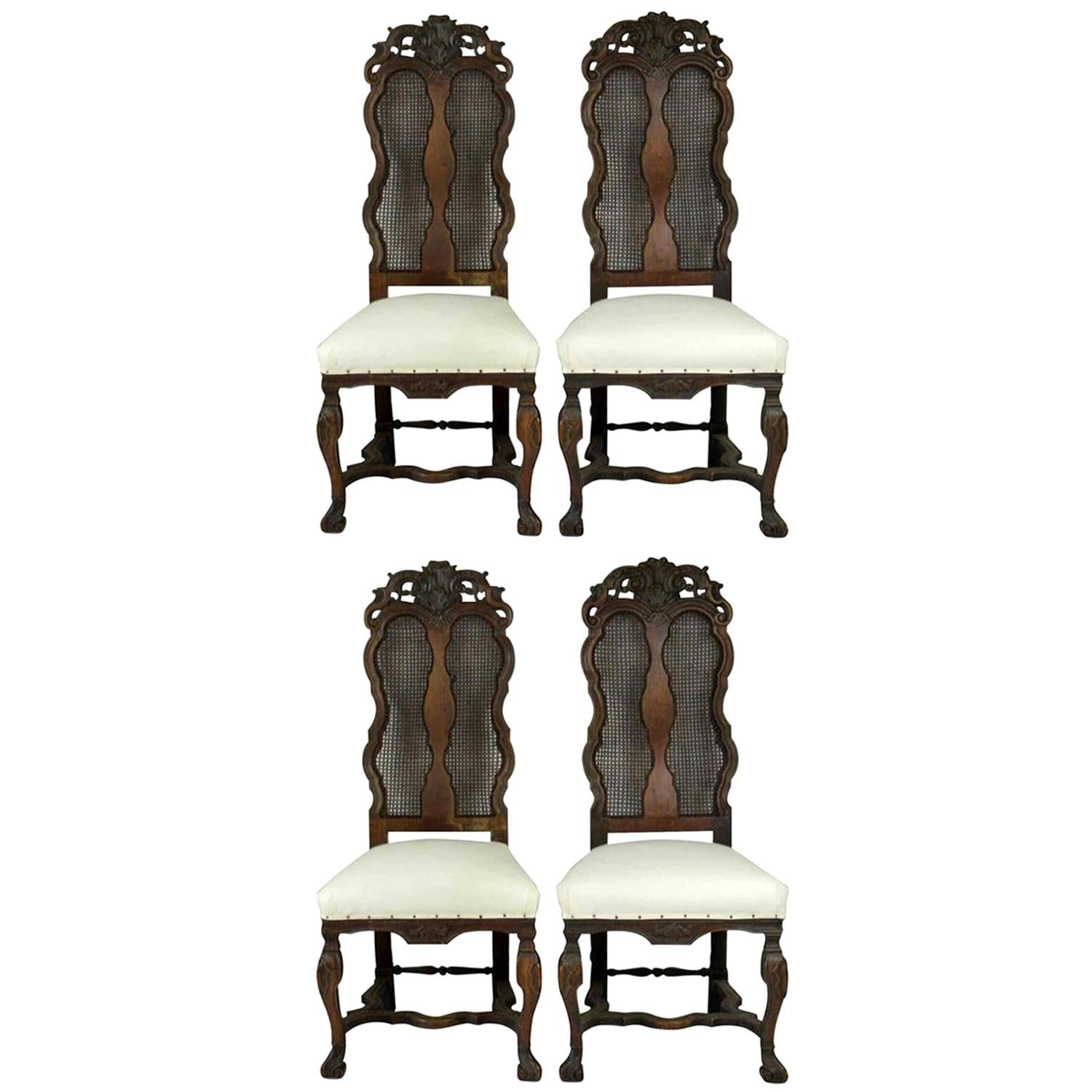 Set of 4 Antique Baroque Style Dutch Carved Walnut and Bergère Chairs