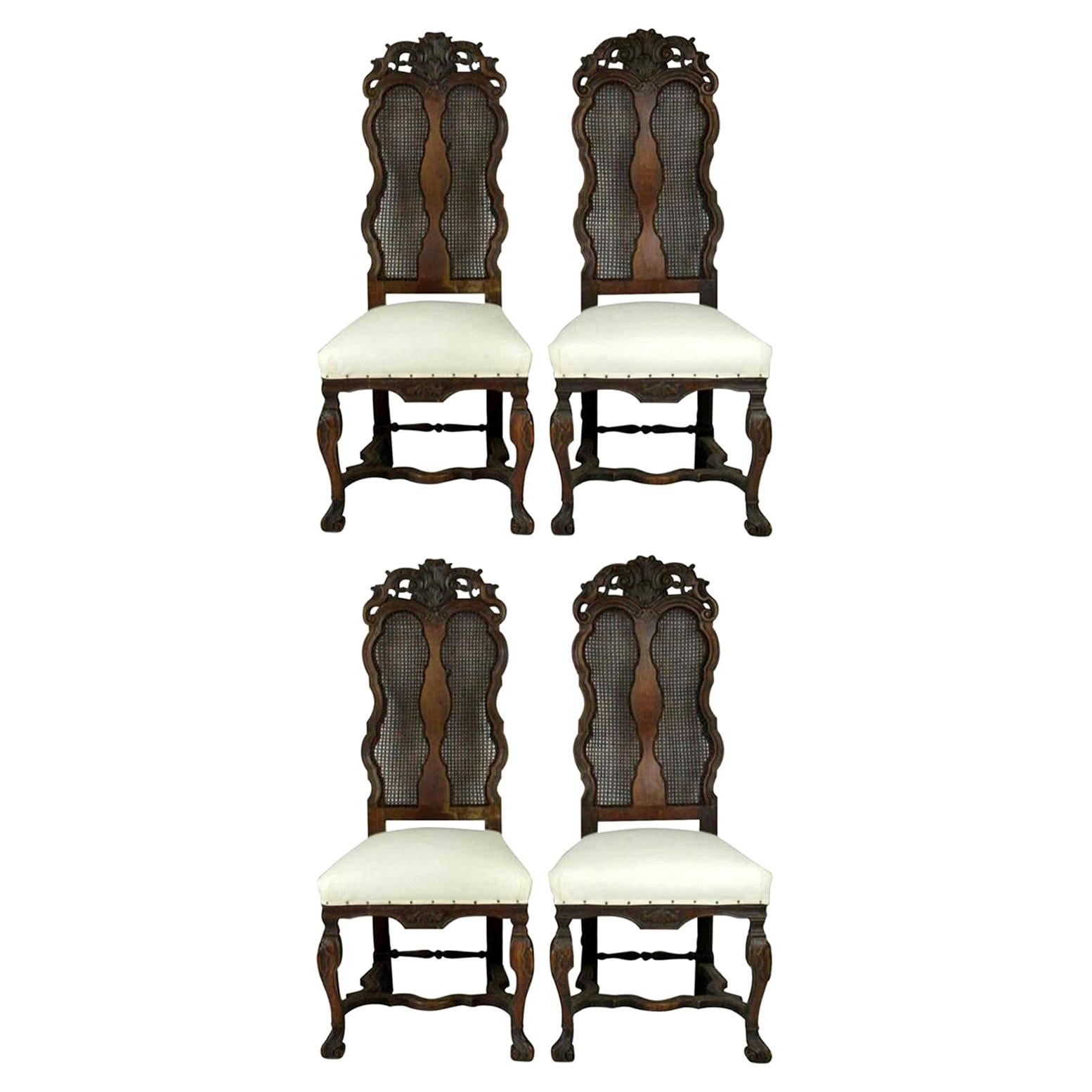  4 Antique Baroque Style Dutch Carved Walnut and Bergère Chairs