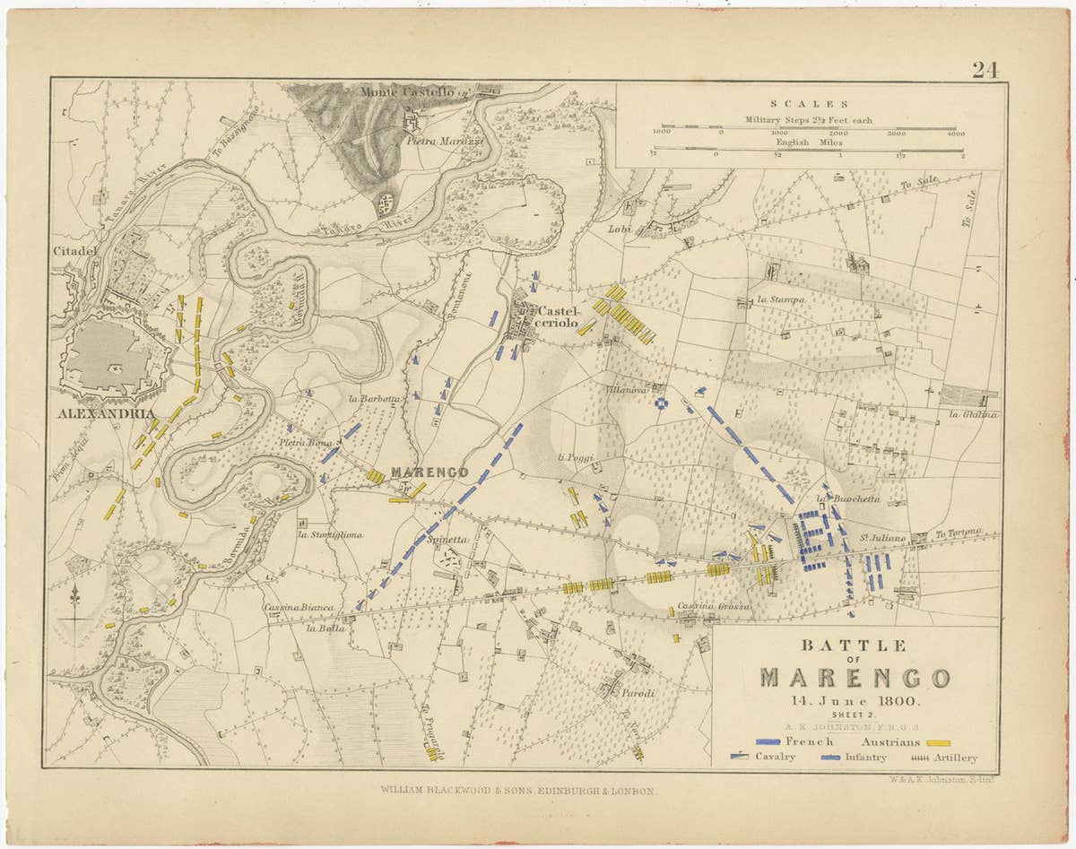Four Antique Battle Plans of Echmühl, Hohenlinden, Abensberg and Marengo, 1852