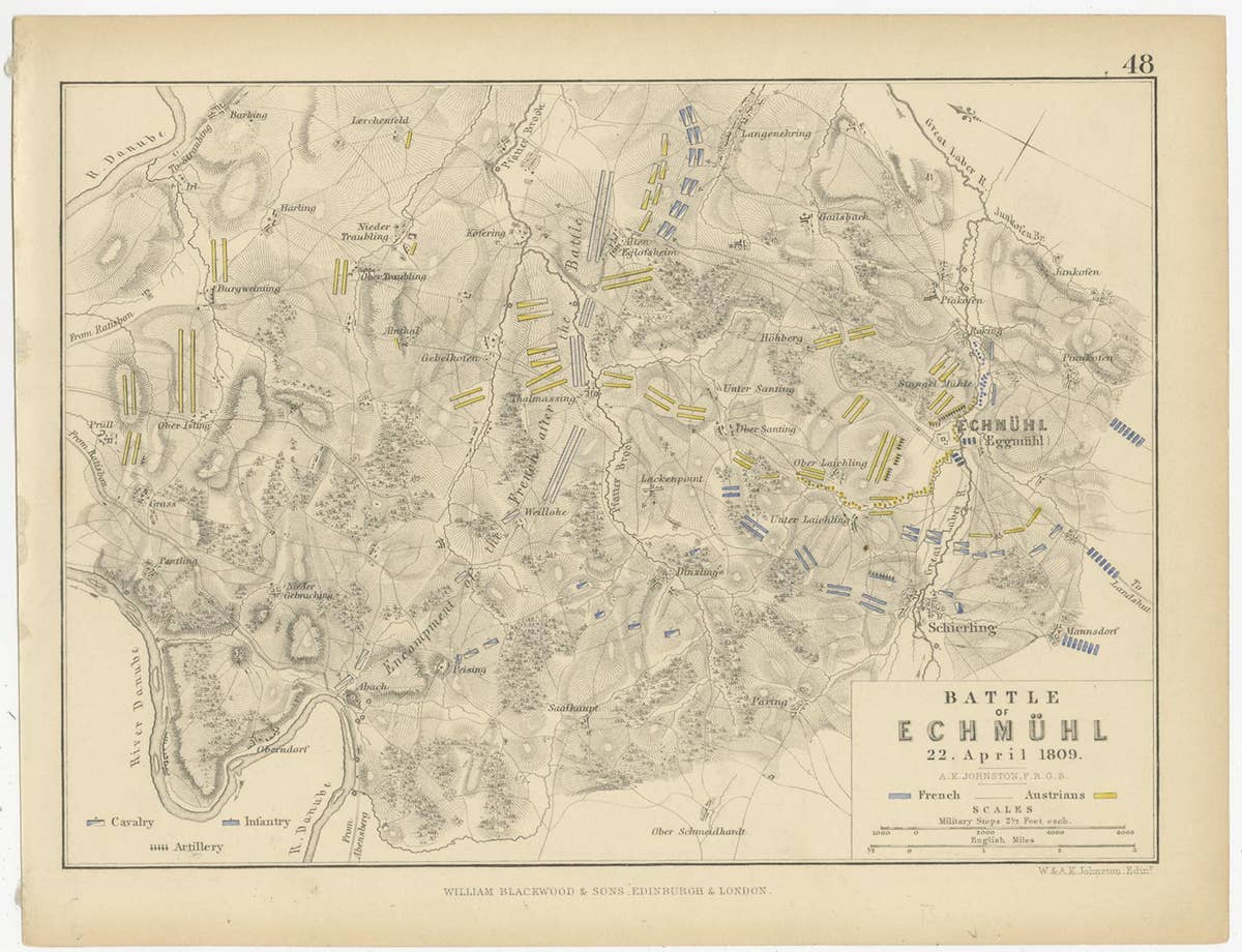 Four Antique Battle Plans of Echmühl, Hohenlinden, Abensberg and Marengo, 1852