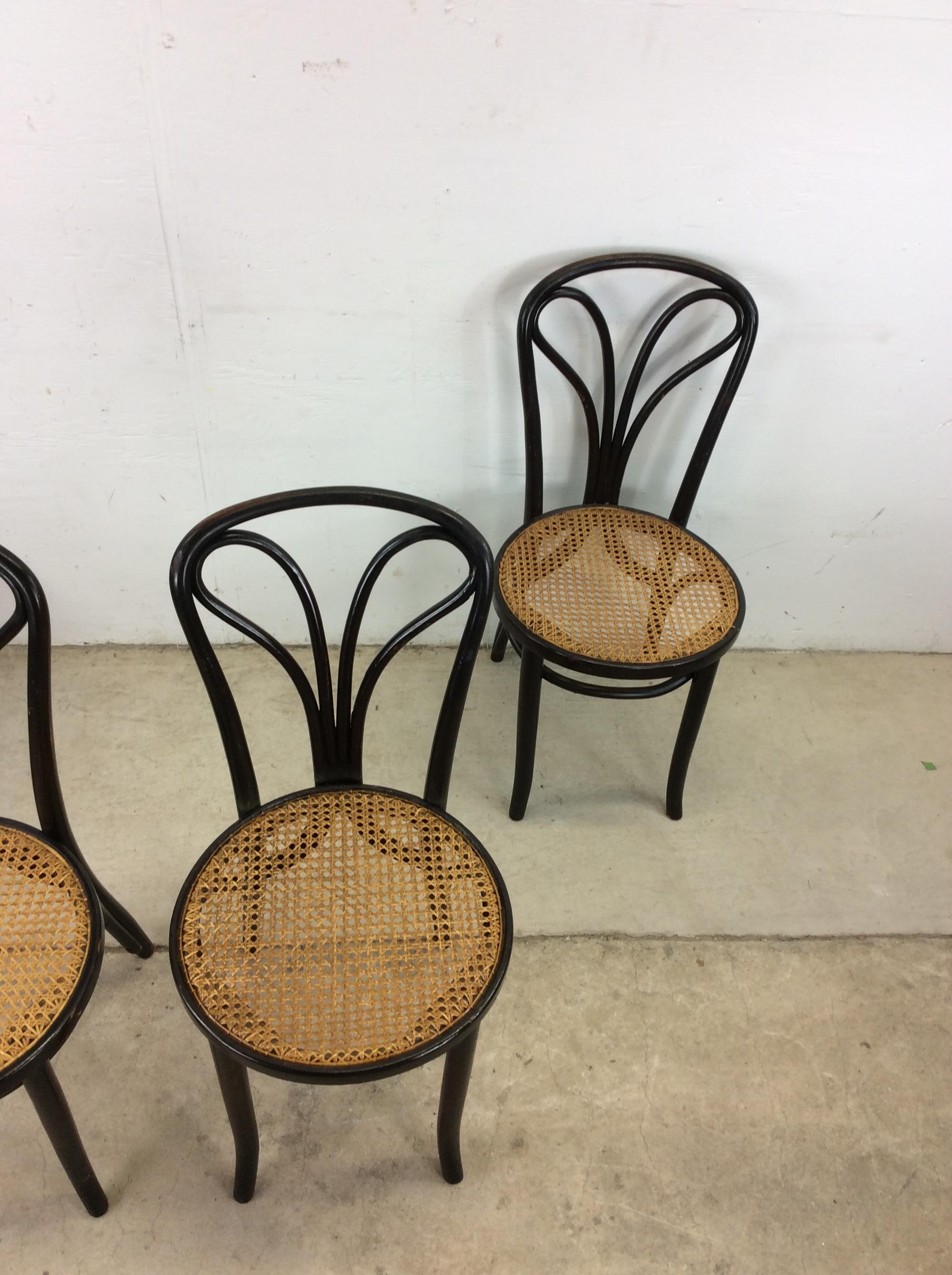 Set of 4 Antique Bentwood Bistro Chairs with Caned Seats For Sale 11