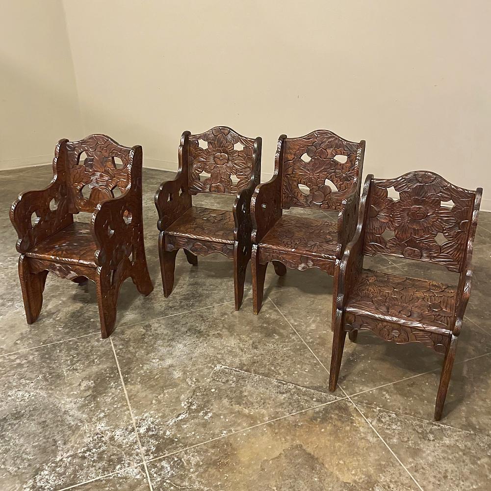 Set of 4 Antique Black Forest Style Sycamore Armchairs ~ Game Table Chairs were hand-carved for the Liberty & Company of London in the final years of the 19th century!  Sculpted from solid sycamore, each features carved detail completely enveloping